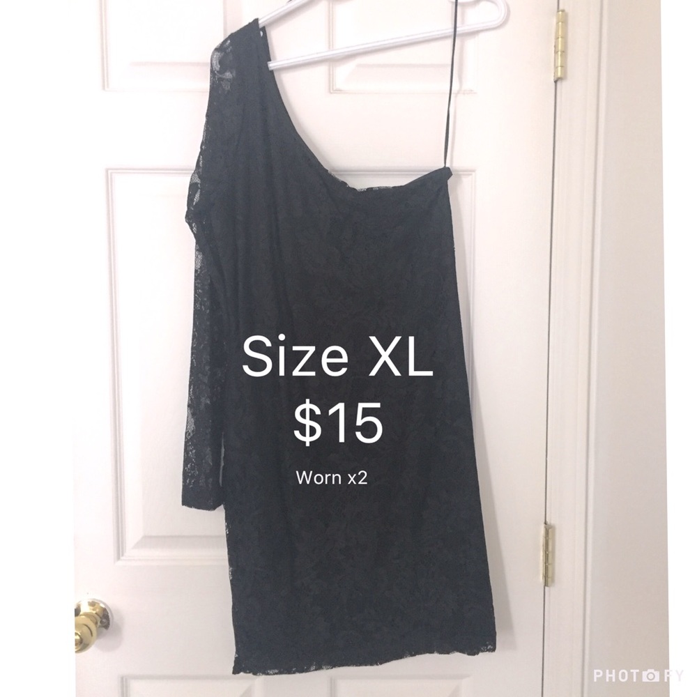 One-sleeved black lace party dress, size XL
